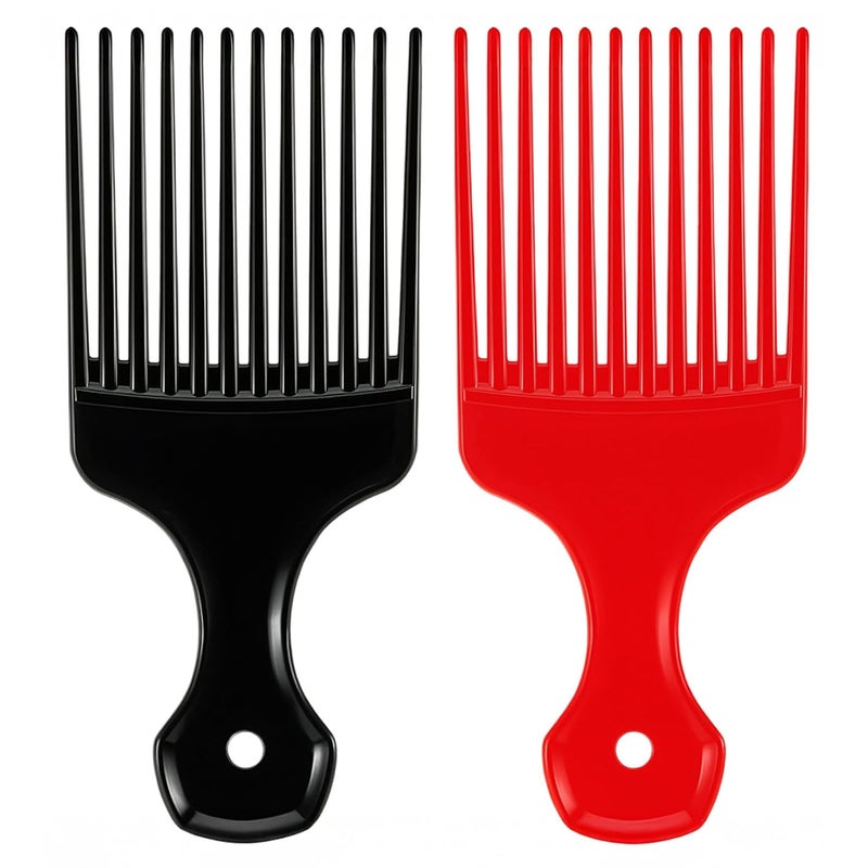 SIMPOR 2 Pcs Hair Pick Comb Wide Tooth Lift for Hair Styling Detangling Plastic Afro Comb for Women Men (Black, Red) - Image 1
